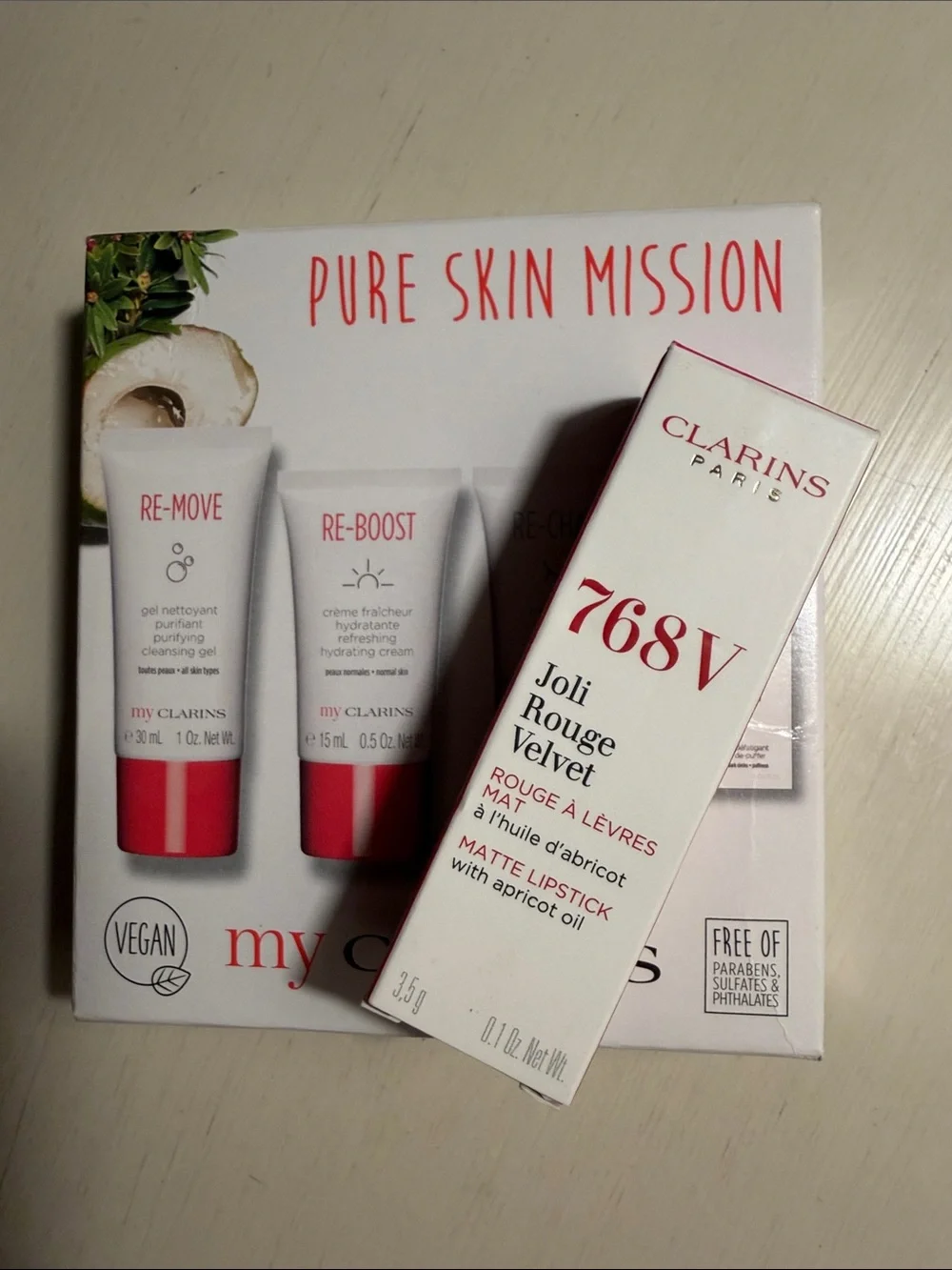Clarins pure skin mission skincare set & 768 strawberry matte lipstick w/apricot